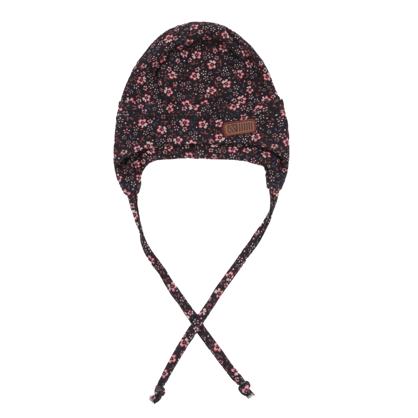 Tuque Mi-Saison - Nanö noire imprimé floral rose avec cordons et écusson simili cuir, vue de face pour enfant