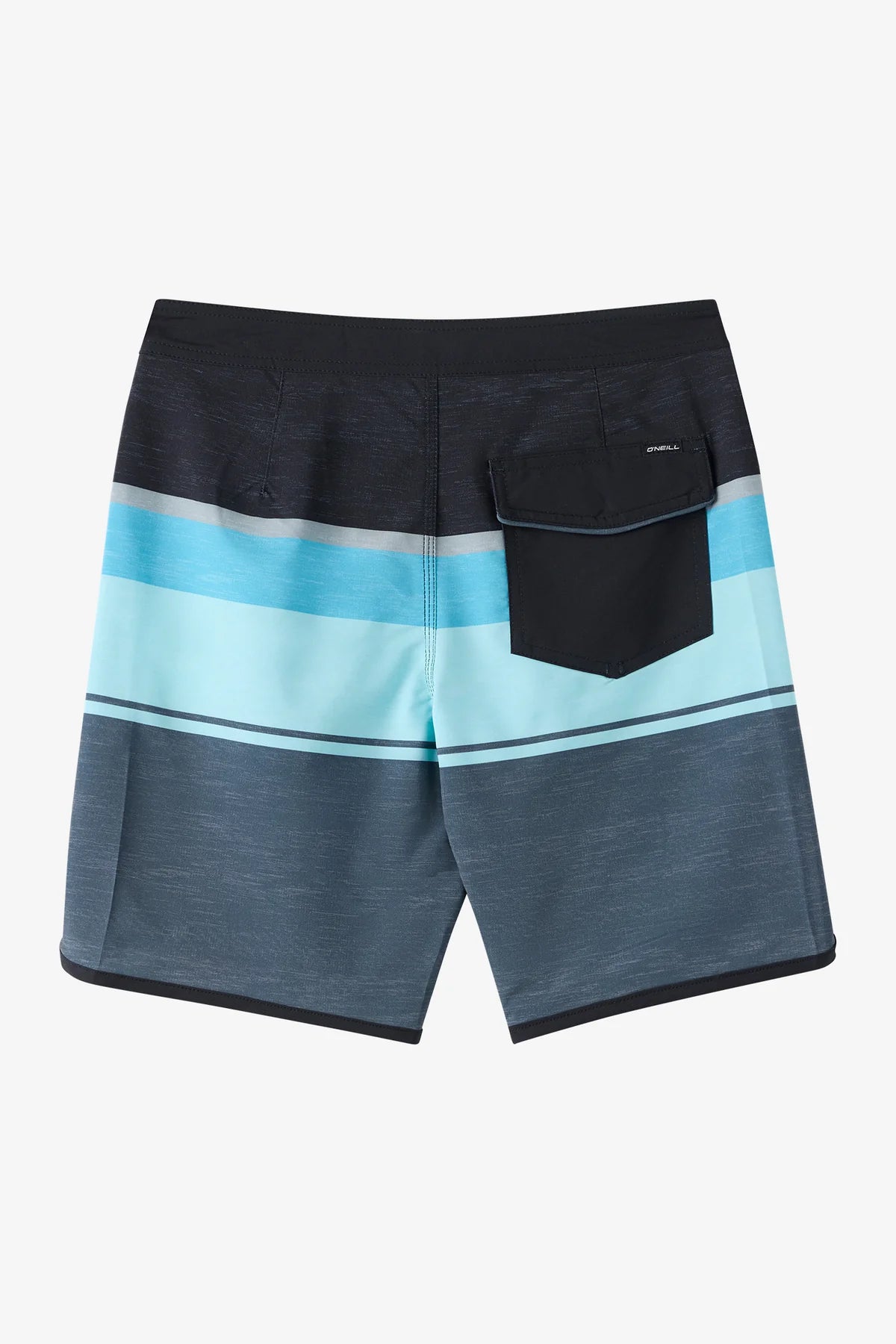 Maillot de bain - O'Neill garçon bleu gris à rayures avec poche arrière, vue de dos, coupe au-dessus du genou, taille fixe.