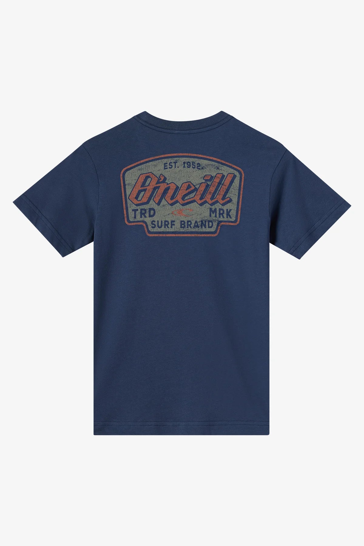 T-Shirt - O'Neill bleu marine en coton 100%, logo vintage orange et beige au dos, vue de dos, coupe enfant.