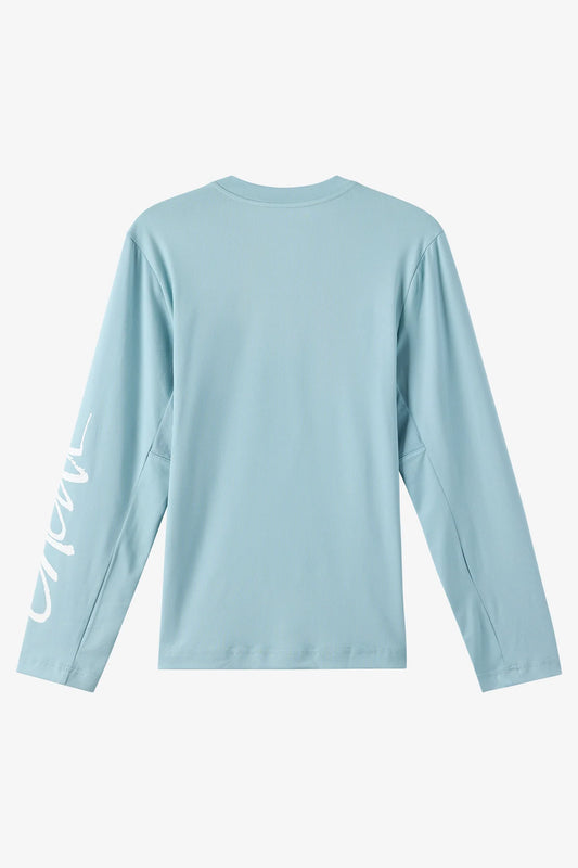 Chandail U.V. - O'Neill bleu clair à manches longues, détail du dos, tissu léger, pour enfant, orientation portrait.