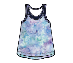 Camisole - Nanö à motifs tie-dye bleus et violets, bordures noires, style débardeur, vue de face, taille enfant.