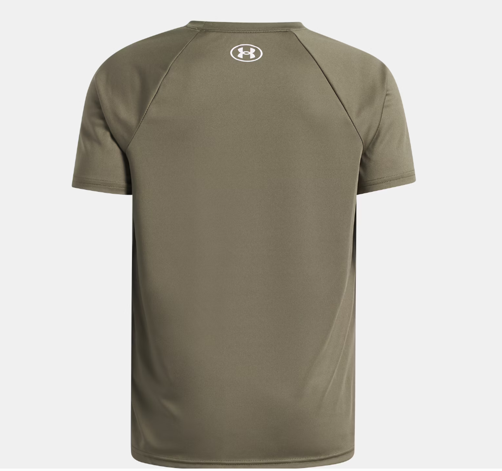 T-Shirt UA Tech™ Hybrid Print - Under Armour kaki uni en tissu technique léger, vue de dos, pour homme adulte.