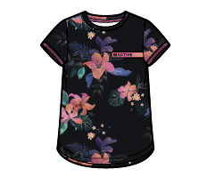 T-Shirt - Nanö noir avec imprimé floral rose et violet, col rond, manches courtes, pour enfant, vue de face sur fond blanc.