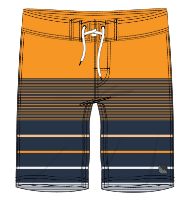 Maillot de bain - Northcoast short de bain orange et bleu marine à rayures, cordon blanc, vue de face, pour garçon adulte.