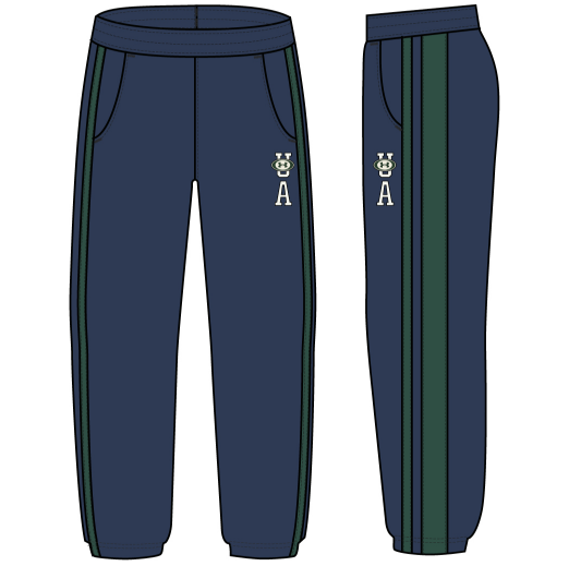 Pantalon - Under Armour bleu marine avec bandes latérales vertes, style sportif, en tissu confortable, vue de face et de côté.