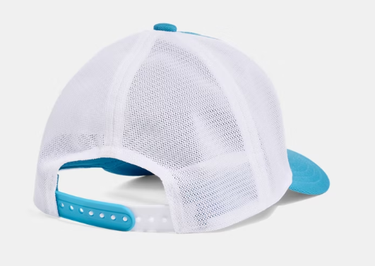 Casquette UA Essential Mid - Under Armour blanche et bleue en mesh, style ajustable, vue de dos.