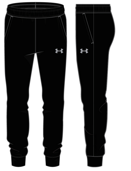 Pantalon - Under Armour noir de style jogging en matière synthétique, modèle adulte, vue de face et de profil.