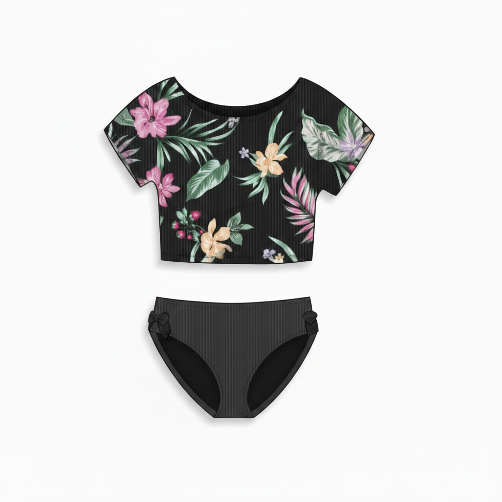 Maillot de bain - Mandarine & Co ensemble deux pièces noir à manches courtes et motifs floraux rose, blanc et vert, pour enfant, vue de face.