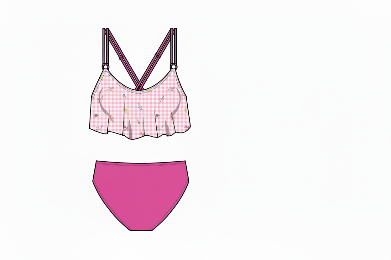 Maillot de bain - Mandarine & Co deux pièces rose clair à motifs jaunes et roses, haut volanté avec bretelles croisées, bas uni, vue de face et dos.