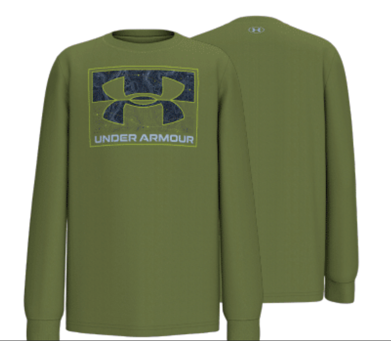 Chandail - Under Armour vert olive à manches longues en coton, logo imprimé devant, pour enfant, vue de face et dos.