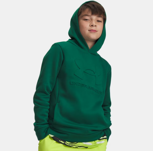 Hoodie - Under Armour vert pour garçon avec capuche et logo en relief porté de face