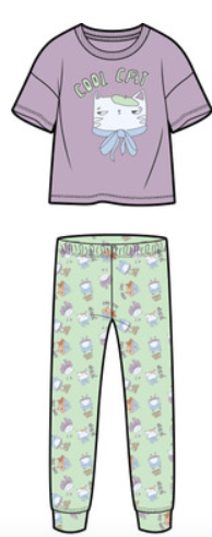 Pyjama - M.I.D violet à manches courtes avec motif chat blanc et pantalon vert clair avec imprimés chats, vue de face.