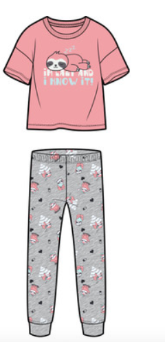 Pyjama - M.I.D garçon en coton, t-shirt rose à manches courtes avec motif paresseux, pantalon gris à motifs, vue de face