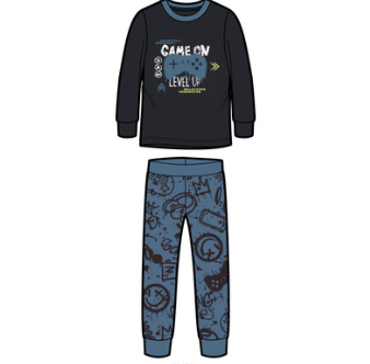 Pyjama - M.I.D pour enfant avec haut bleu marine à manches longues et pantalon bleu à motifs graphiques, vue de face