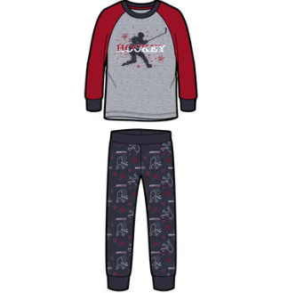 Pyjama - M.I.D gris et rouge pour enfant avec haut à manches longues et pantalon sombre à motifs hockey vue de face