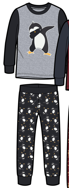 Pyjama - M.I.D pour enfant avec haut gris à manches longues orné d’un pingouin et pantalon noir imprimé de pingouins vue de face