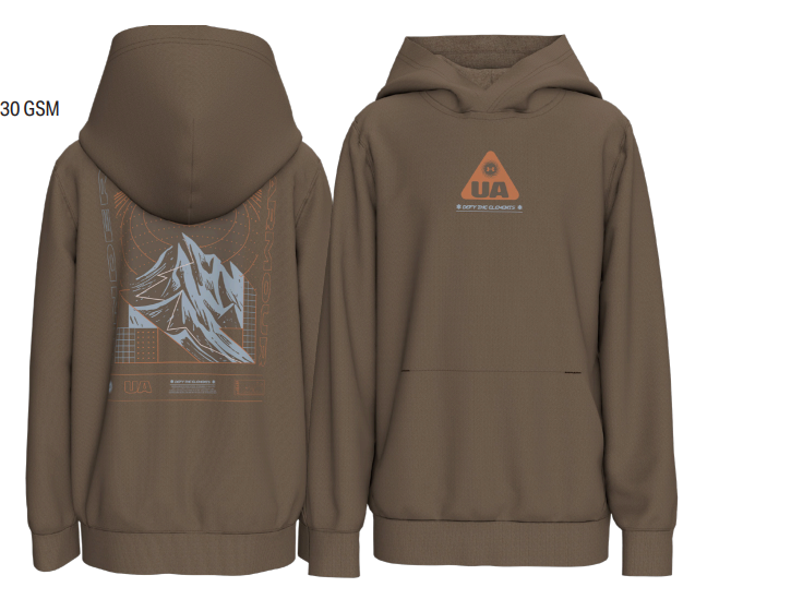 Hoodie - Under Armour marron avec motifs graphiques de montagne gris et orange, style sport à capuche, vue de face et de dos.