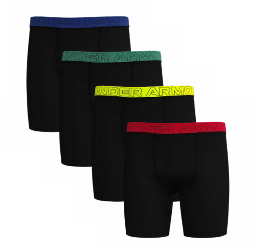 4 Paires de boxers - Under Armour noir avec ceintures élastiques bleue, verte, jaune et rouge, style long, vue de face sur fond blanc.