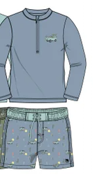 Maillot de bain 2 pièces - Northcoast bleu ciel avec motifs plage jaunes et verts, style garçon, vue de face porté sur mannequin.