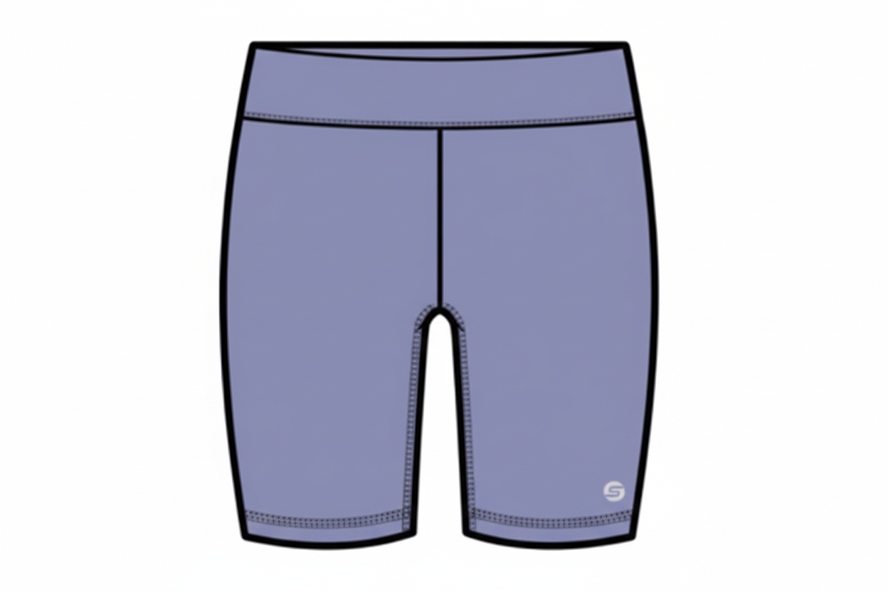 Biker Short - M.I.D bleu violet uni en polyester élasthane, coupe courte, vue de face, détail tissu et coutures visibles