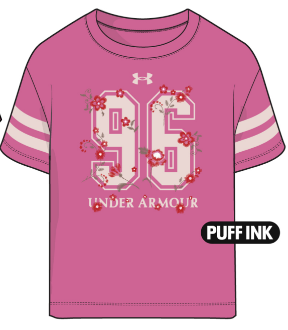 T-Shirt - Under Armour rose avec chiffres 96 ornés de fleurs rouges, manches courtes avec deux bandes blanches, vue de face.