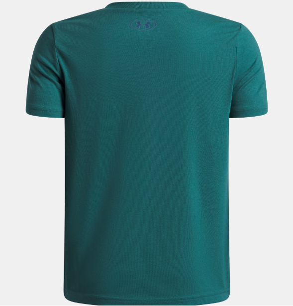 T-Shirt UA Pixel Logo - Under Armour bleu vert en coton polyester, manches courtes, vue de dos, taille enfant.