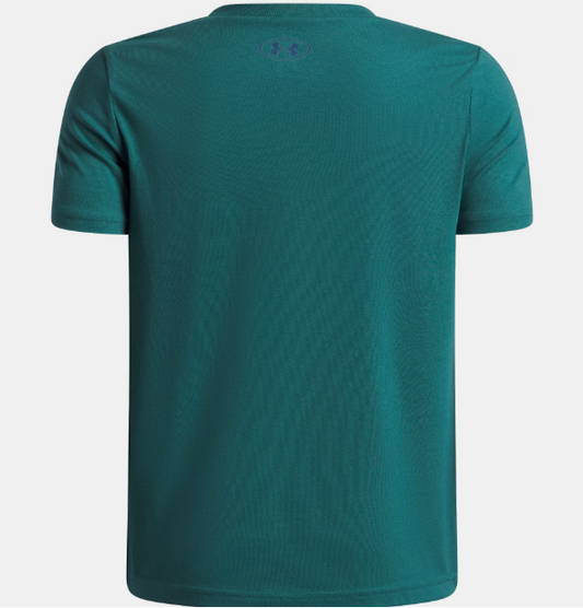 T-Shirt UA Pixel Logo - Under Armour bleu vert en coton polyester, manches courtes, vue de dos, taille enfant.