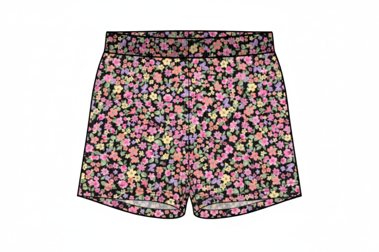 Short - Mandarine & Co short en polyester et spandex à motifs floraux roses et verts, pour enfant, vue de face et de dos.