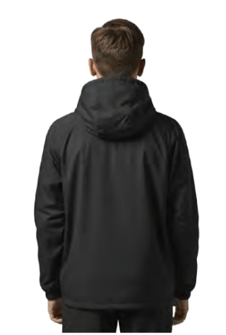 Manteau Mi-Saison - Under Armour noir en tissu léger et imperméable, coupe droite, capuche intégrée, vue de dos sur mannequin adulte homme.