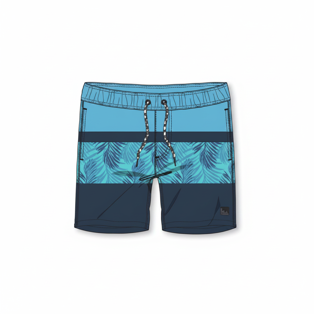 Maillot de bain - Northcoast short de bain bleu clair et marine avec motifs feuilles, cordon de serrage, vue de face