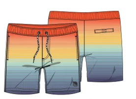 Maillot de bain - Northcoast short garçon rayé orange, jaune, bleu dégradé, avec cordon de serrage, vue de face et dos.