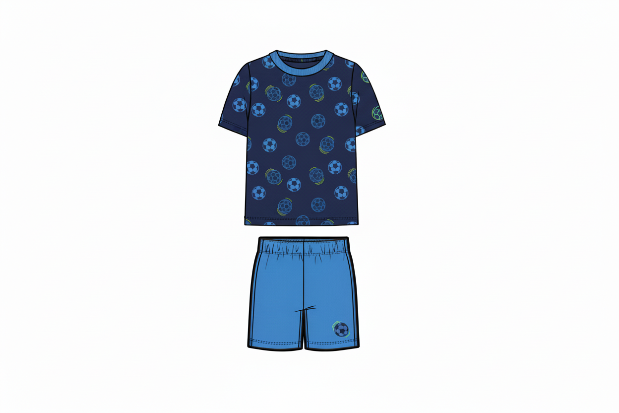 Pyjama - M.I.D bleu marine à motifs de ballons de football bleus, short bleu clair, pour enfant, vue de face.