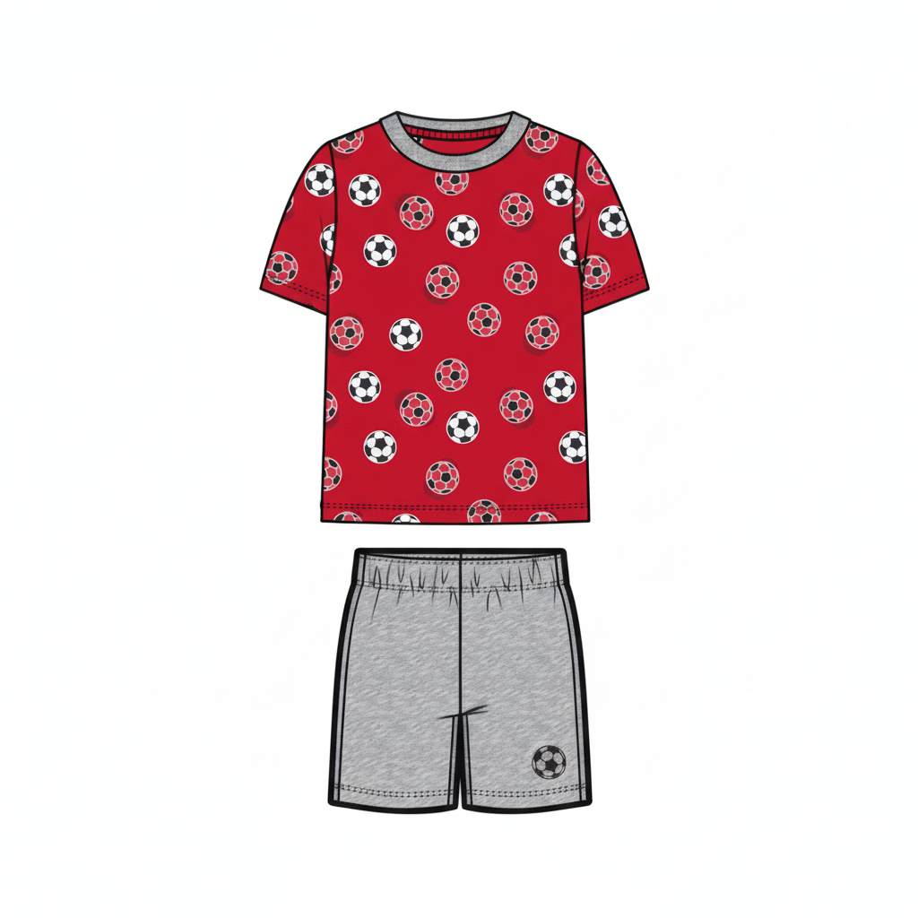 Pyjama - M.I.D rouge à motifs ballons de foot noirs et blancs, short gris avec ballon, enfant, vue de face.