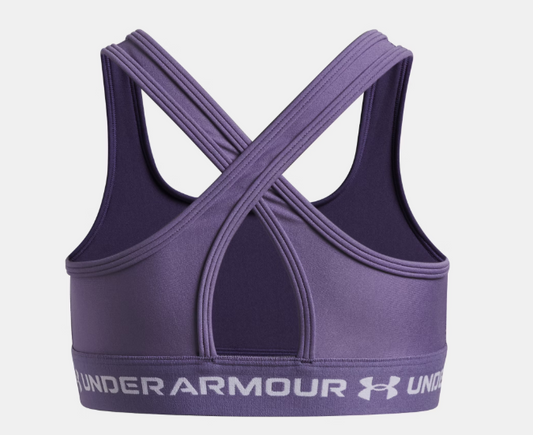 Camisole sport UA Crossback - Under Armour violette à dos croisé en polyester et élasthanne, vue de dos.