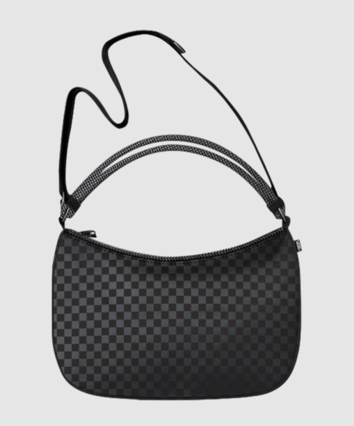 Sac à bandoulière - Vans noir à carreaux gris, style urbain, nylon et polyester, vue de face, porté épaule.