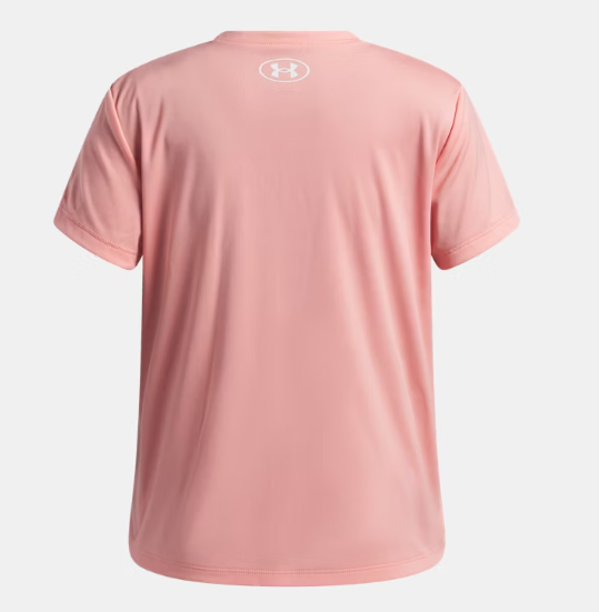 T-Shirt UA Tech™ - Under Armour rose en polyester pour enfant, vue de dos avec logo blanc au col arrière