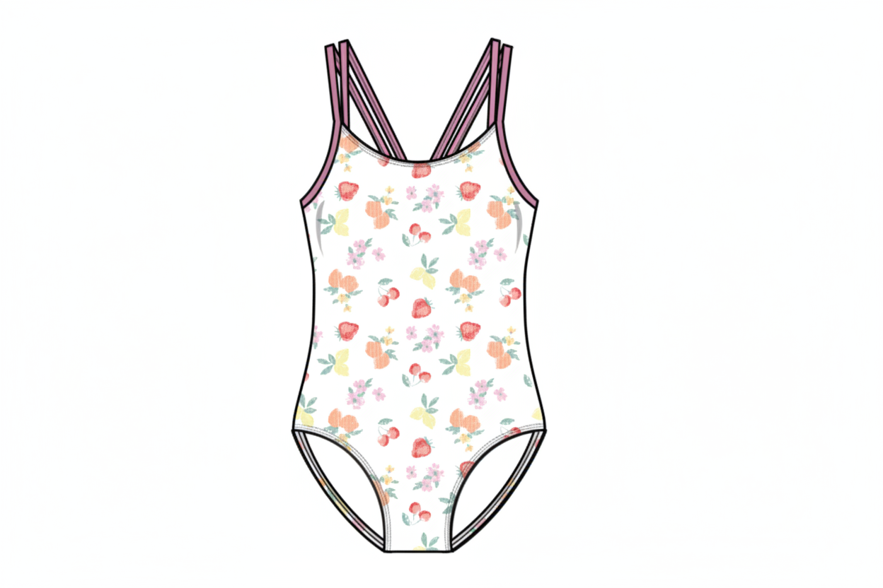 Maillot de bain - Mandarine & Co une pièce blanc à motifs mandarine et vert, bretelles fines, pour enfant, vue de face