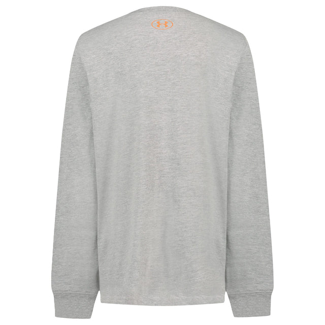 Chandail - Under Armour gris clair en coton Γ manches longues, vue de dos avec logo orange au col, style dΓ©contractΓ© pour adulte.