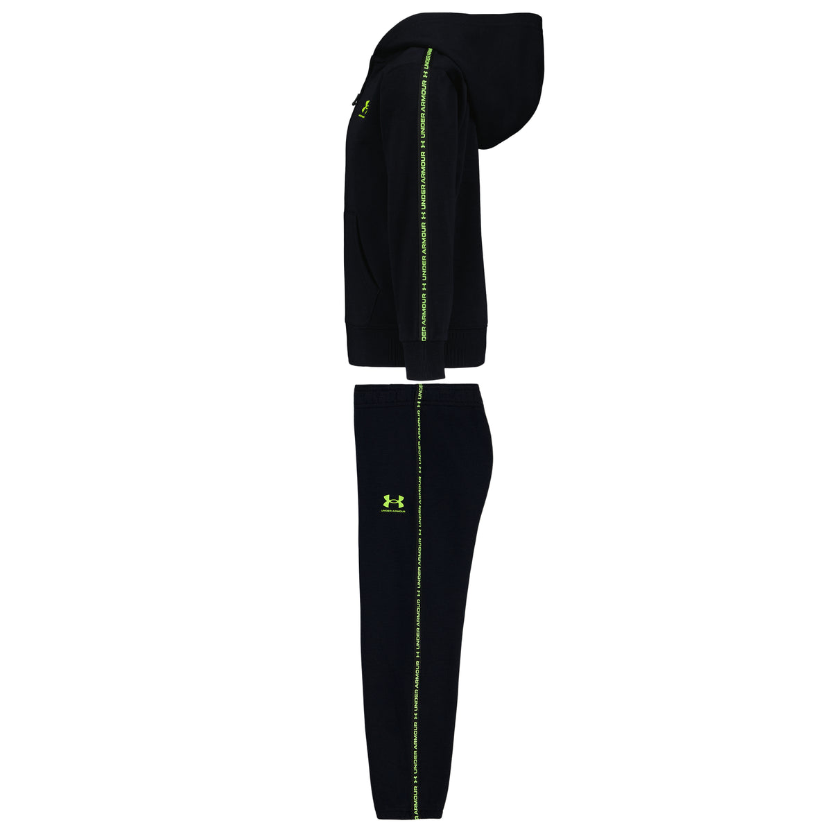 Ensemble - Under Armour noir avec haut à capuche et pantalon, détails vert fluo, vue de côté
