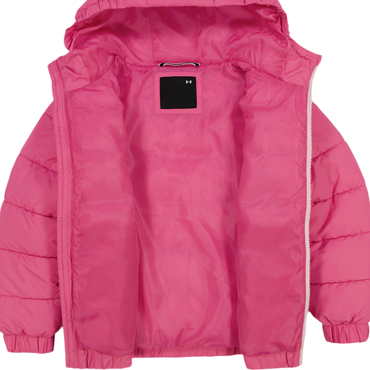Manteau Mi-Saison - Under Armour rose matelassé à capuche, doublure visible et fermeture éclair, vue de face ouvert
