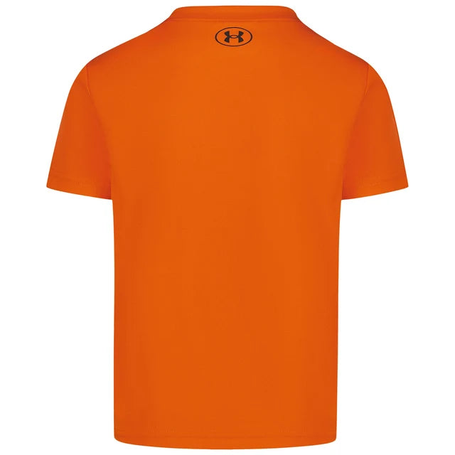 T-Shirt - Under Armour orange uni en tissu technique, manches courtes, vue de dos avec logo noir au col, pour enfant.