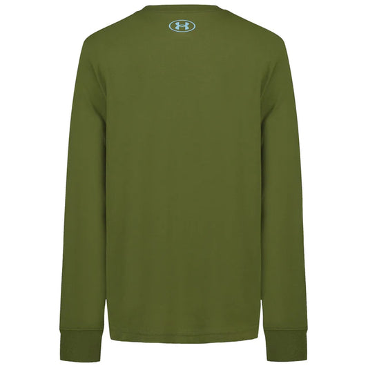 Chandail - Under Armour vert olive à manches longues en coton, pour enfant, vue de dos avec logo bleu clair.