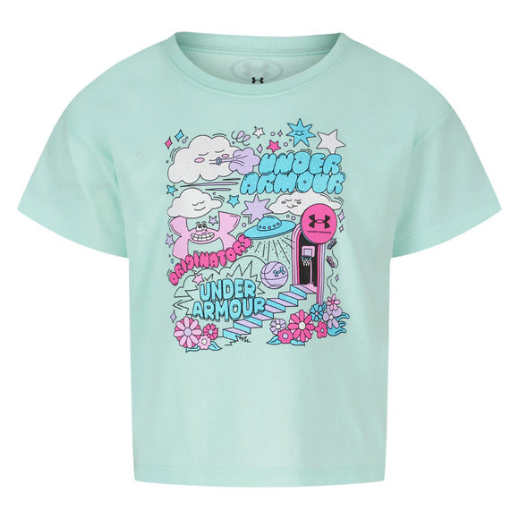 T-Shirt - Under Armour vert clair pour enfant avec motifs colorés pastel, vue de face, tissu polyester et coton