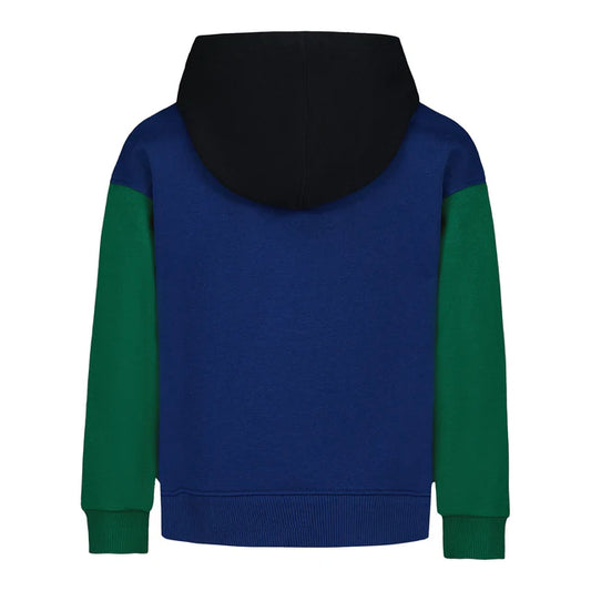 Hoodie - Under Armour bleu marine avec manches vertes et capuche noire, en coton, pour enfant, vue de dos.
