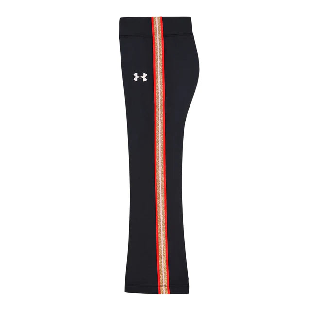 Pantalon - Under Armour noir avec bandes latérales rouges et dorées, en tissu stretch, vue de côté.