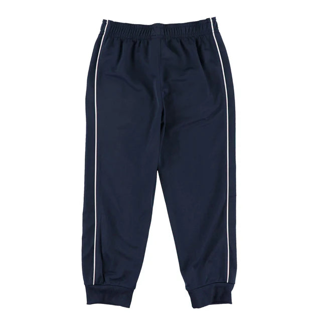 Pantalon - Under Armour bleu marine en tissu technique avec bandes blanches latérales, style jogging, vue de face pour enfant.