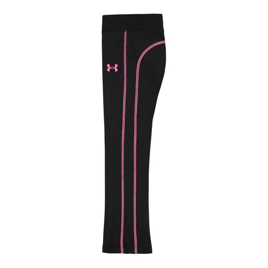 Pantalon de sport noir avec coutures roses et logo rose sur la cuisse, en tissu technique, pour enfant, vue de profil, Ensemble - Under Armour.