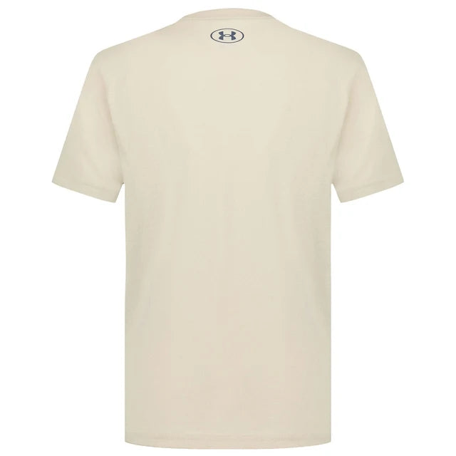 T-Shirt - Under Armour beige clair en coton, coupe droite, vue de dos avec logo imprimé en haut.