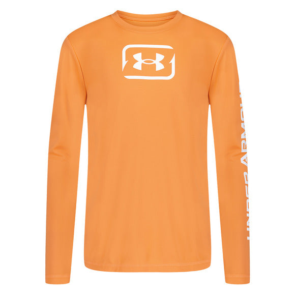 Chandail U.V - Under Armour orange à manches longues en tissu technique, logo blanc, vue de face, dos et profil adulte homme