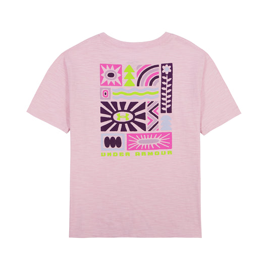 T-Shirt - Under Armour rose à manches courtes avec motifs graphiques multicolores et logo vert fluo sur le devant vue de face